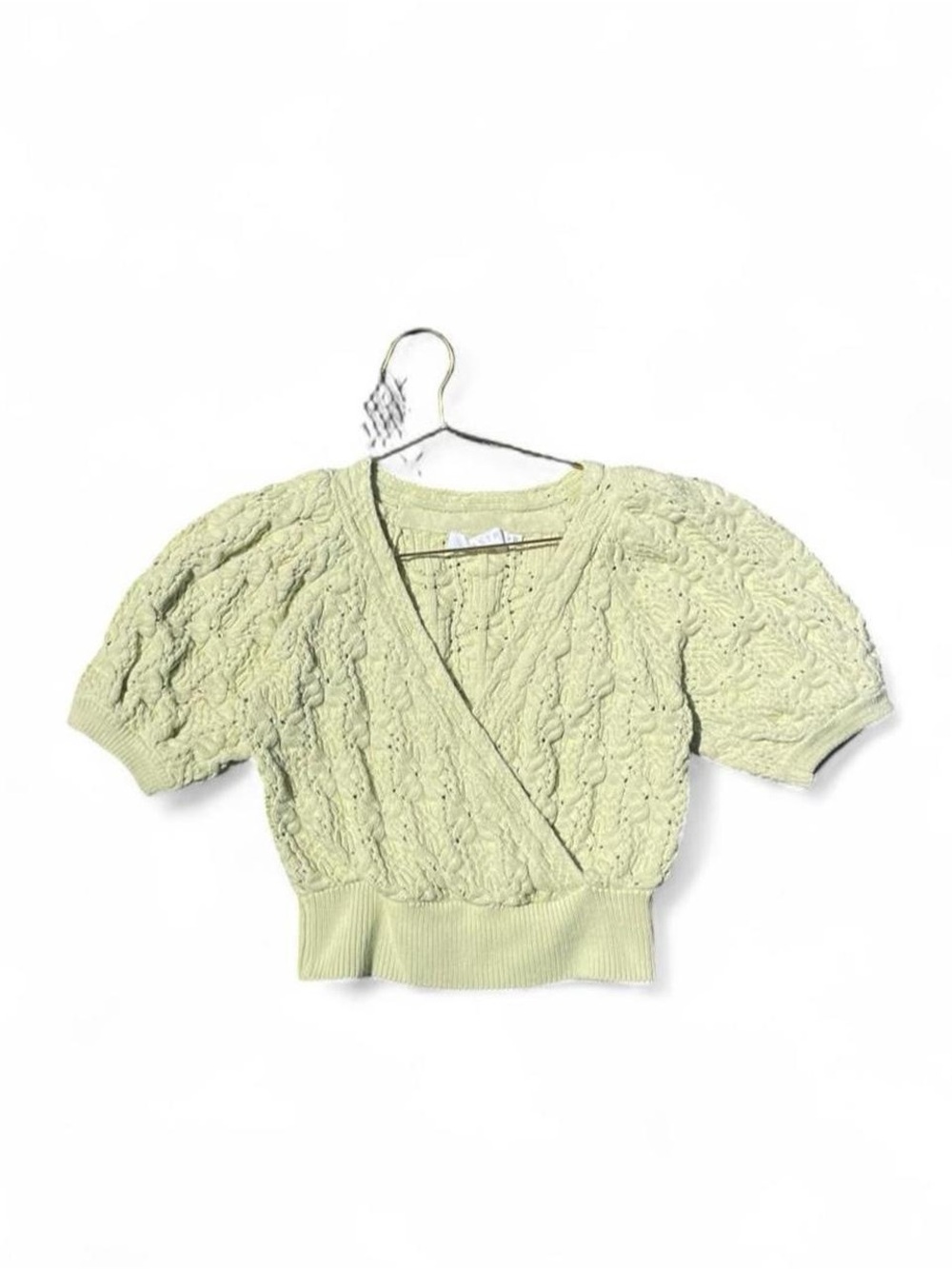ASTR The Label Light Green Cable Knit Wrap Sweater Top Puff Sleeve Size M